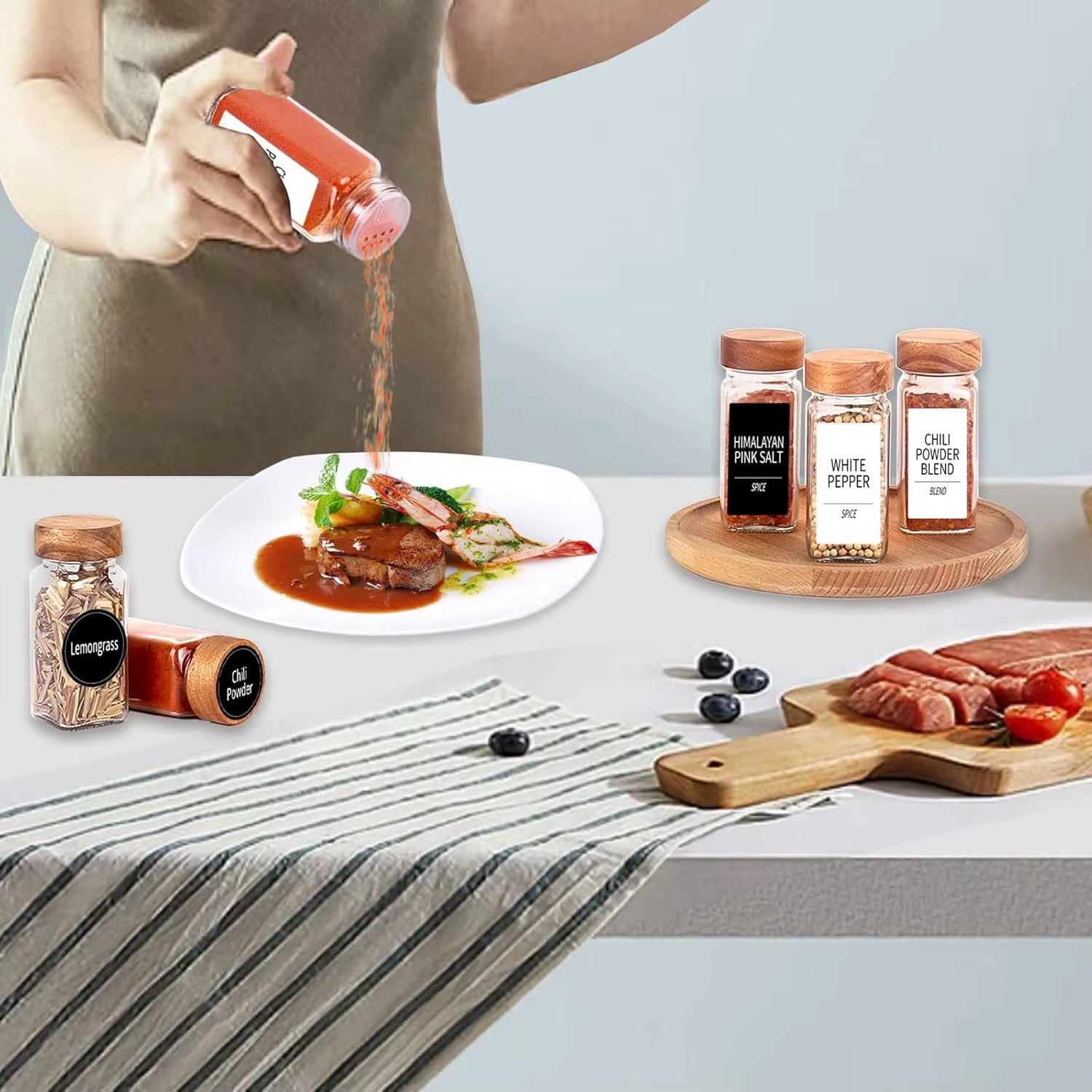 36 Glass Spice Jars with 547 Labels with Shaker Lids - 4 Oz Square Spice Containers with Acacia Wood Lids, Chalk Pen