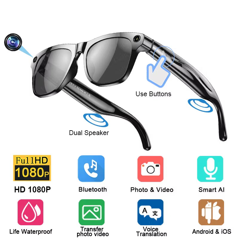 1080P HD AI Smart Glasses GPT 100MP Camera Bluetooth Call DVR Video 260Mah Battery Voice Assistant Control Smart Glasses