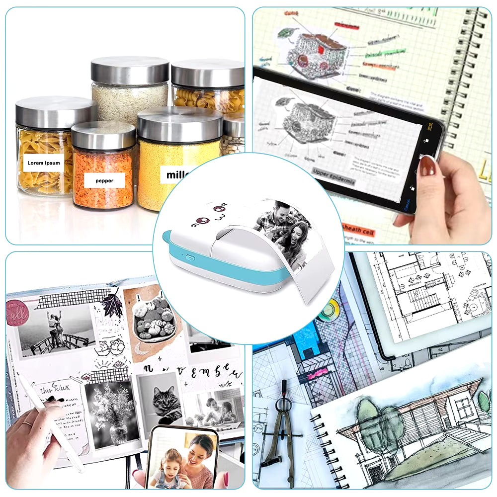 Thermal Printer Mini Portable Printer with 7 Roll Paper for Journal/Diy Scrapbook/Notes/Lists/Label/Memo Printer for Ios&Android