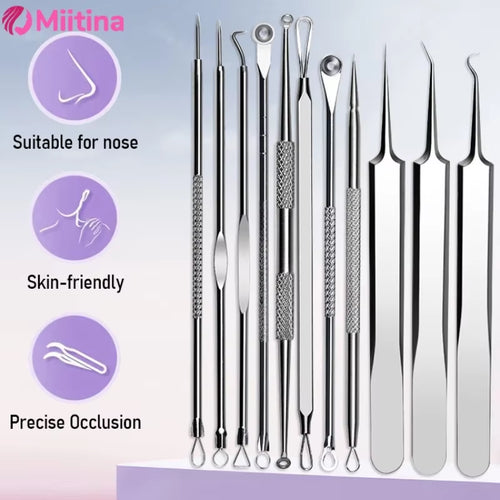 11PCS Acne Blackhead Removal Needles Kit Cell Pimples Blackhead Clip Tweezers Comedone Blemish Extractor Face Skin Beauty Gift